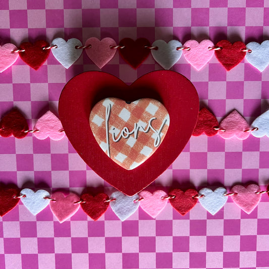 Brooks Lions Gingham Heart Button